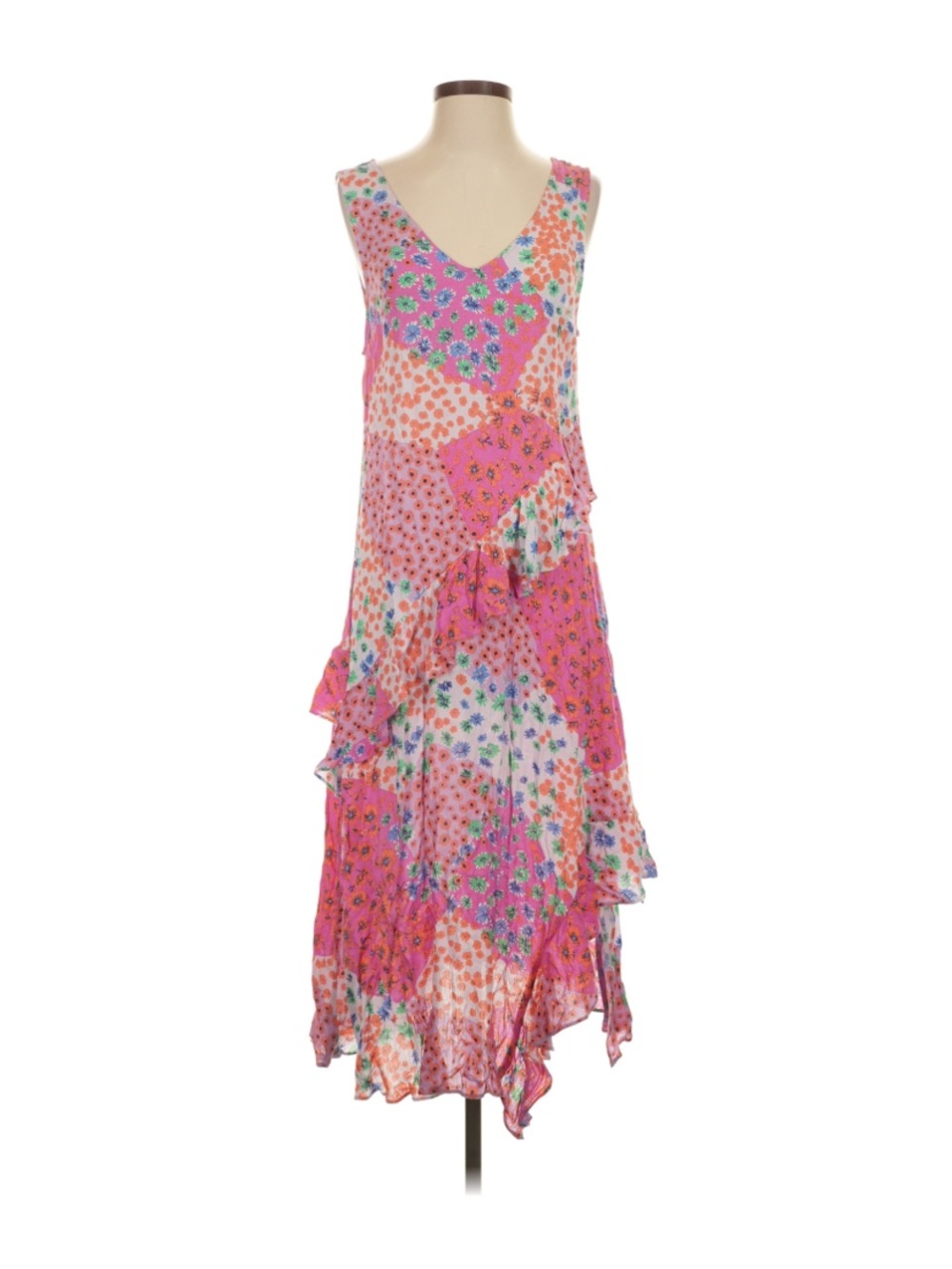 Easel Pink Floral Patchwork Ruffle Midi Dress